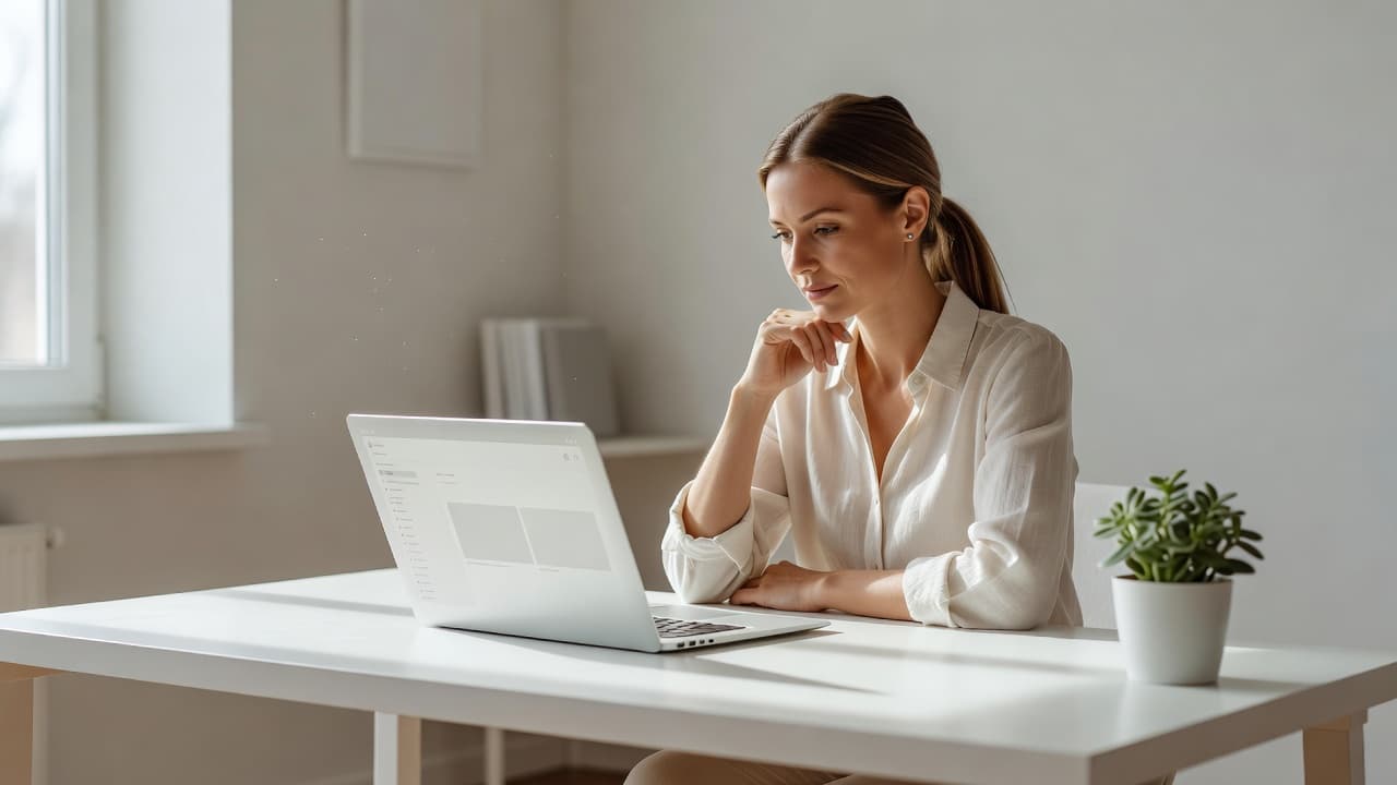 A thoughtful woman working at a minimalist desk in a bright, sunlit office.